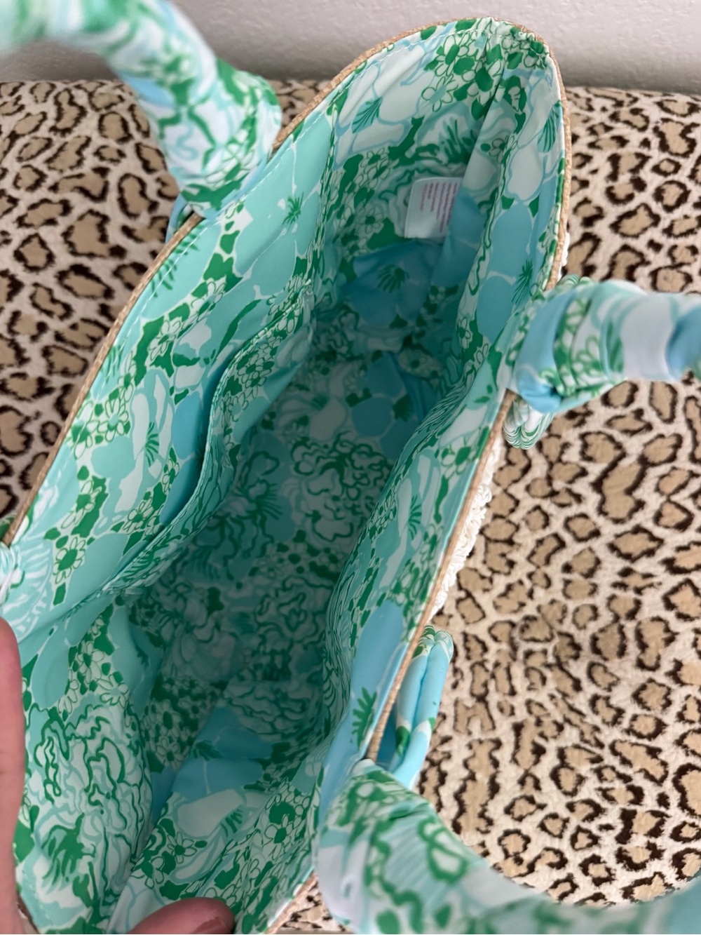 Lily Pulitzer Straw Tote Bag with Green Floral Handles and Cream Floral Accents - Picture 3 of 5